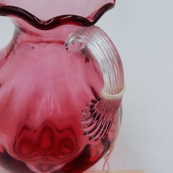 Pilgrim Glass Handblown Cranberry Vase Pitcher Optic Clear Handle 4.5 In Tag - Picture 5 of 10